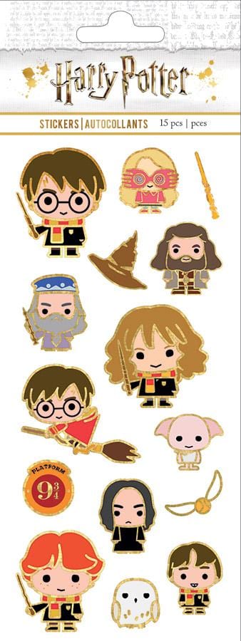 Harry Potter foil stickers featuring chibi characters with gold accents, shown in package.
