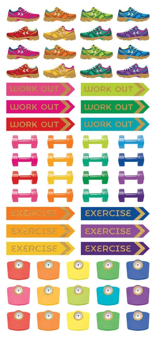 planner stickers featuring brightly colored fitness functional stickers with gold details.
