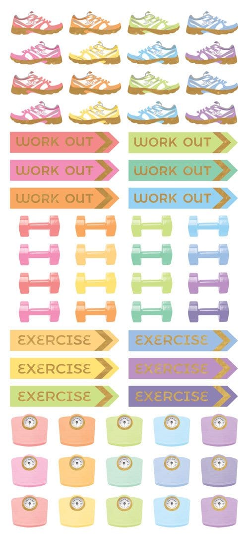 planner stickers featuring pastel colored fitness functional stickers with gold details.