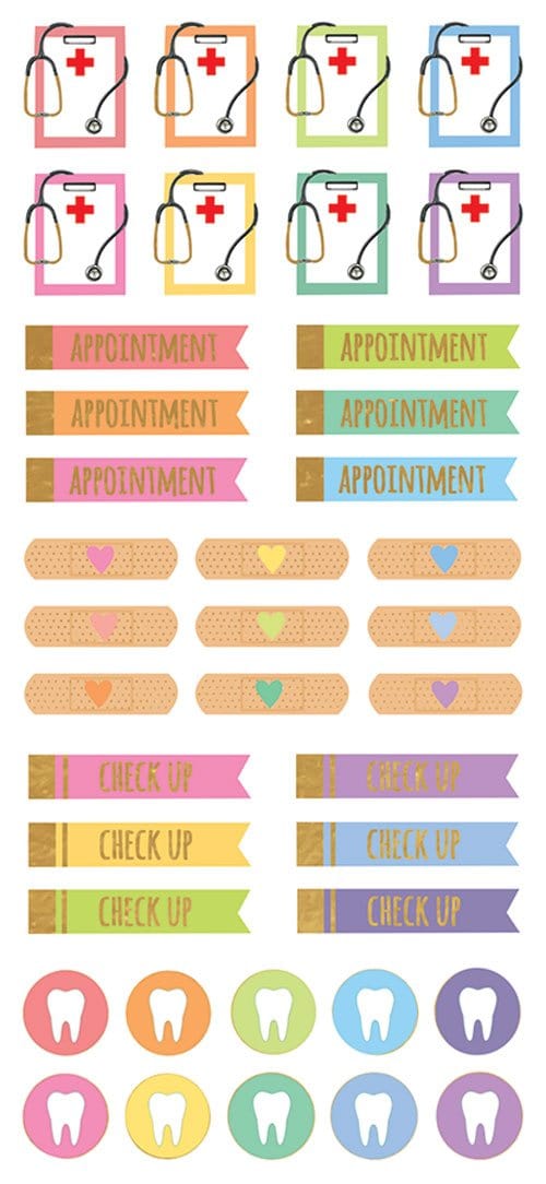 planner stickers featuring colorful doctor functional stickers with gold details.