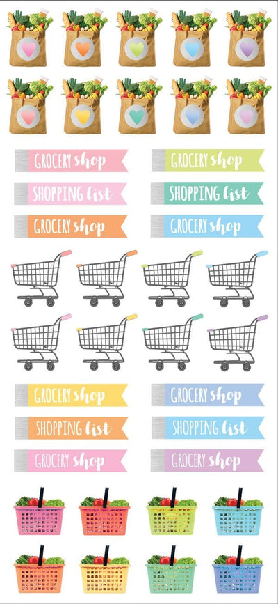 planner stickers featuring pastel colored grocery functional stickers with silver details. 