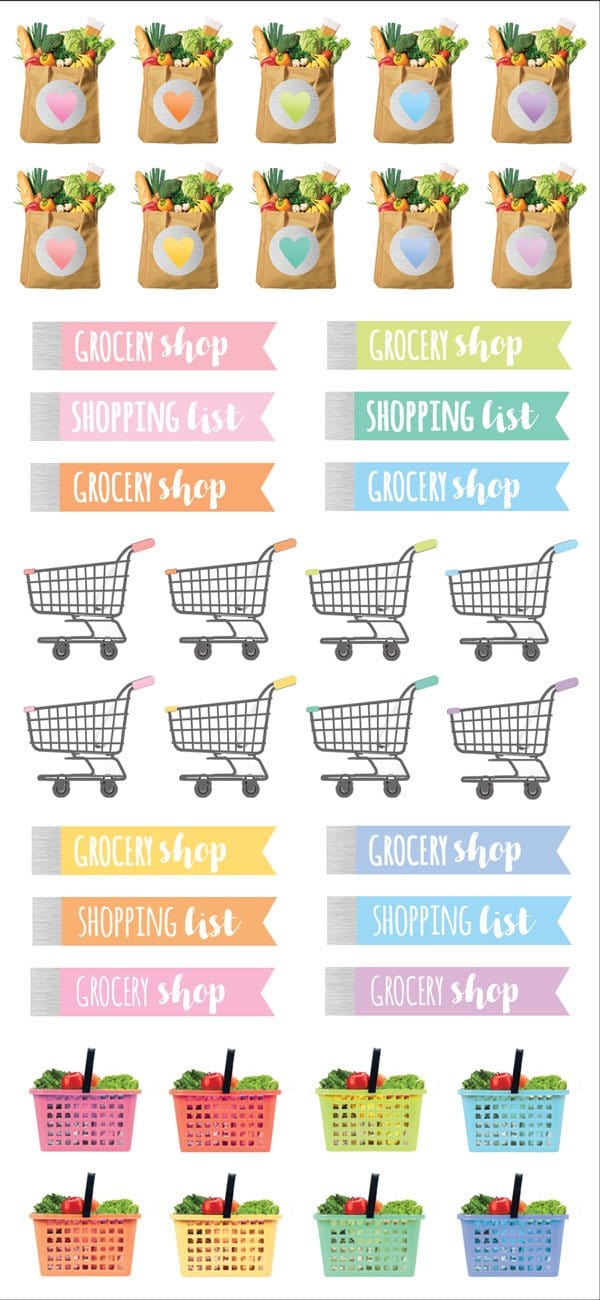 planner stickers featuring pastel colored grocery functional stickers with silver details. 