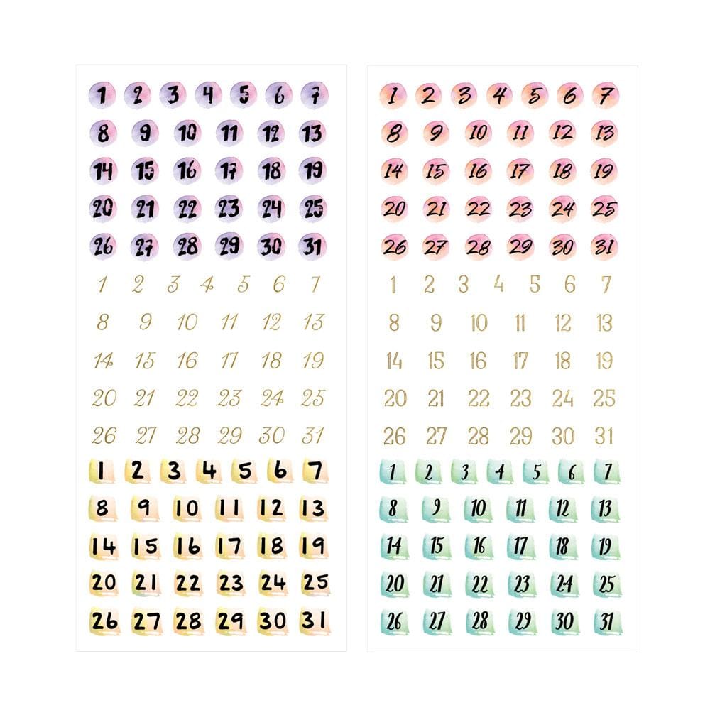 2 sheets of planner stickers featuring numbers in colorful circles with gold details shown on white background.