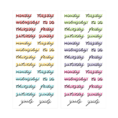 2 sheets of planner stickers featuring colorful days of the week in text and script, shown on white background.