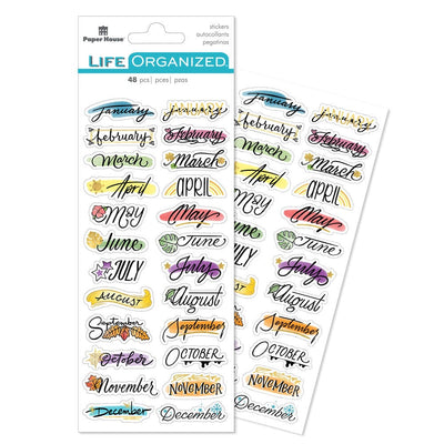 planner stickers featuring all 12 months in black lettering with colorful watercolor accents, shown in package overlapping another sheet of stickers on white background.