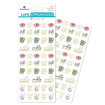 planner stickers featuring dollar signs, illustrated piggy banks and dollar bills with gold accents shown in package overlapping another sheet on white background.