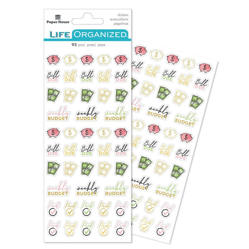 planner stickers featuring dollar signs, illustrated piggy banks and dollar bills with gold accents shown in package overlapping another sheet on white background.