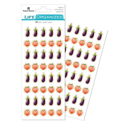 planner stickers featuring illustrated eggplants and peaches shown in package overlapping another sheet of stickers on white background.