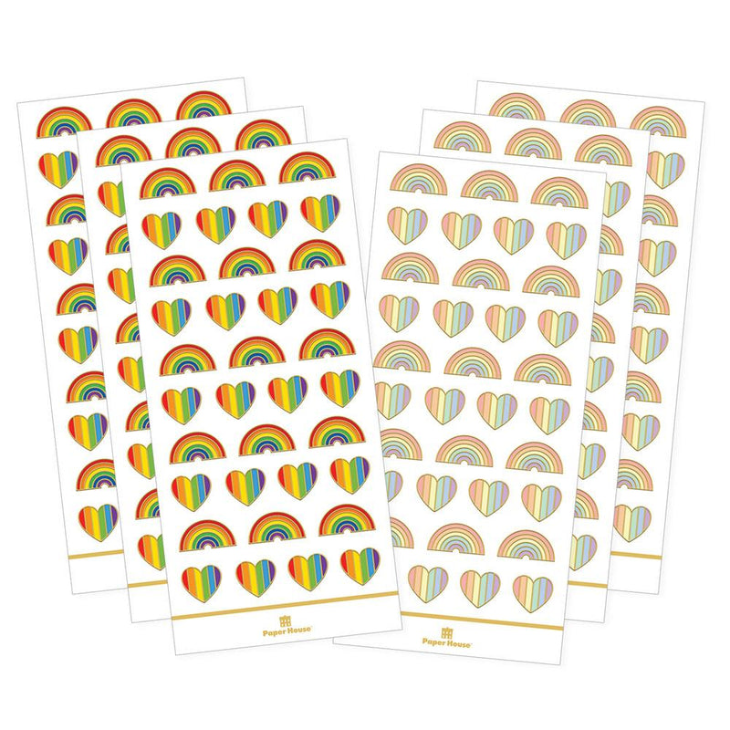 6 sheets of planner stickers featuring bright colored and pastel rainbows and hearts with gold foil, shown on white background.