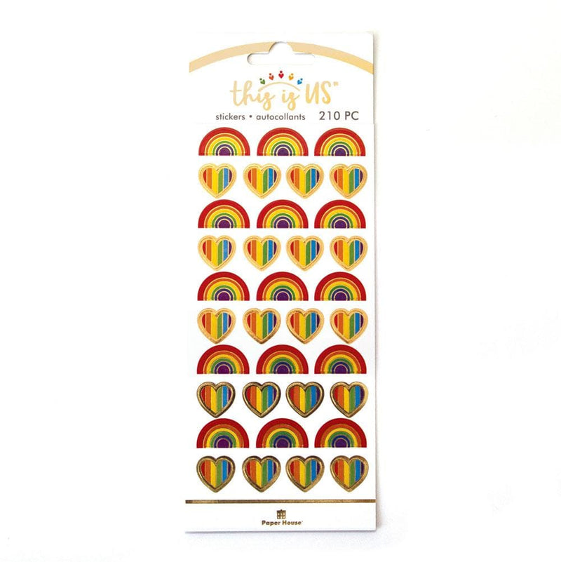 planner stickers featuring brightly colored rainbows and hearts with gold foil, shown in package on white background.