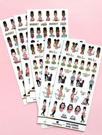 6 sheets of planner stickers featuring an illustrated woman writing, reading, relaxing, shown on pink background.
