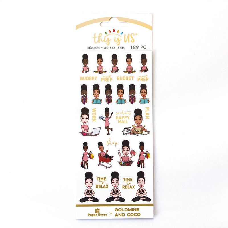 planner stickers featuring illustrated woman writing, relaxing and reading, shown in package on white background.