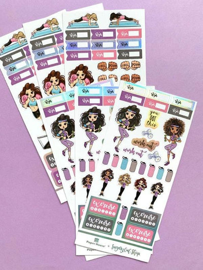 6 sheets of planner stickers featuring illustrated fitness girls with steps trackers, shown on purple background.