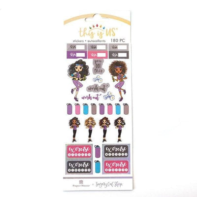 planner stickers featuring illustrated fitness girls with steps trackers, shown in package on white background.