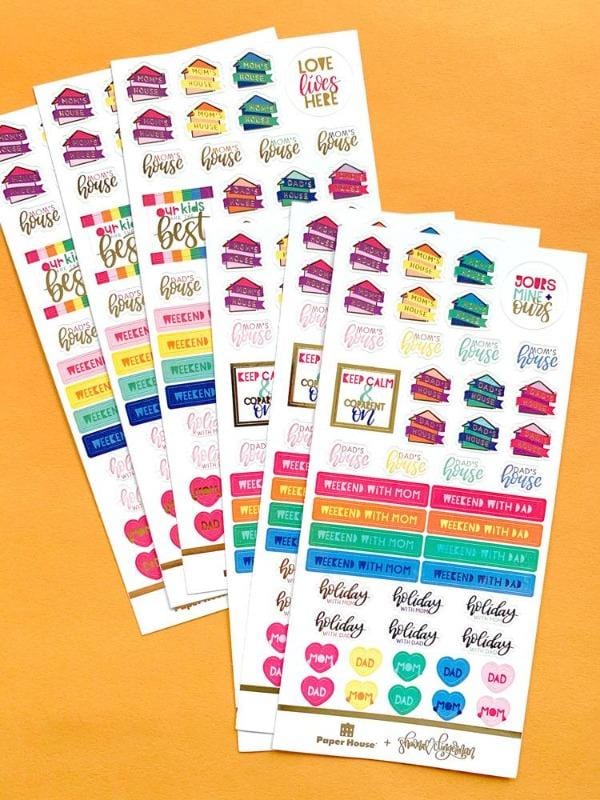 6 sheets of planner stickers featuring co-parenting functional stickers, shown on orange background.