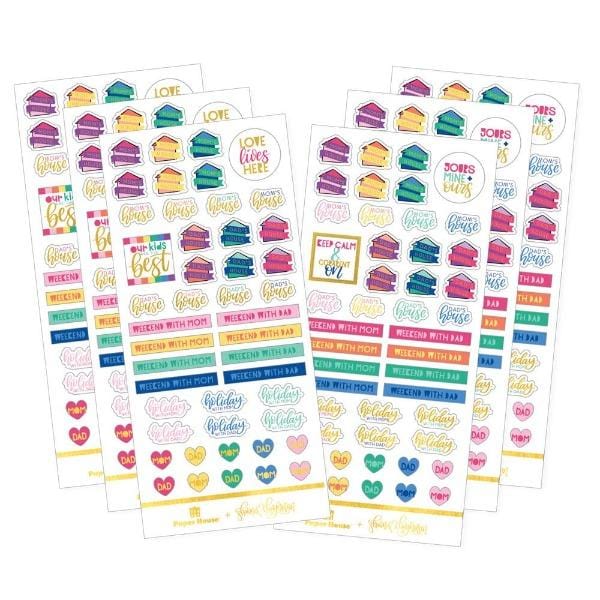 6 sheets of planner stickers featuring co-parenting functional stickers, shown on white background.