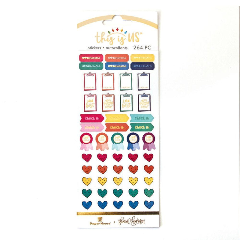planner stickers featuring brightly colored mental health trackers, shown in package on white background.