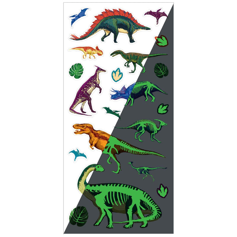 glow in the dark stickers featuring colorful dinosaurs on the left and an example of the green, glow in the dark on the right, shown on white background.