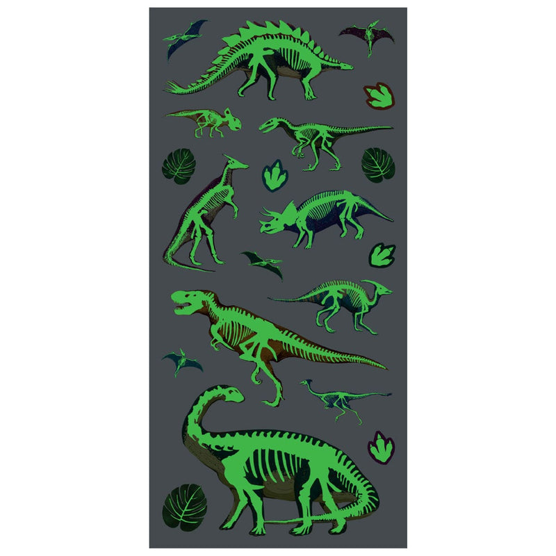 glow in the dark stickers featuring green dinosaurs on dark gray shown on white background.