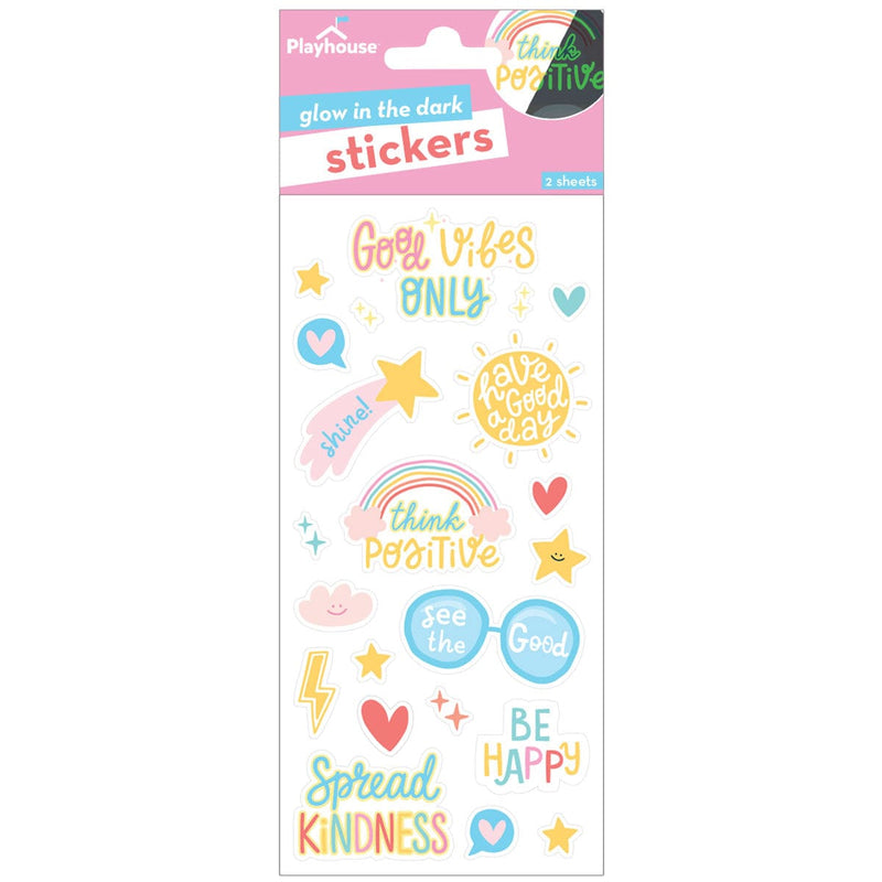 glow in the dark stickers featuring hearts, rainbows and good vibe sentiments shown in package on white background.