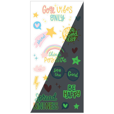 glow in the dark stickers featuring hearts, rainbows and good vibe sentiments on the left side and an example of the green and gray glow on the right, shown on white background.