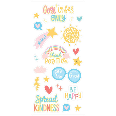 glow in the dark stickers featuring hearts, rainbows and good vibe sentiments, shown on white background.