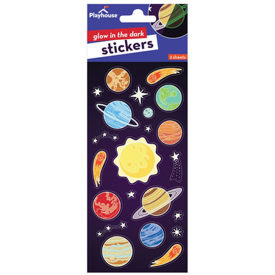 glow in the dark stickers featuring colorful, illustrated planet stickers, shown in package on white background.