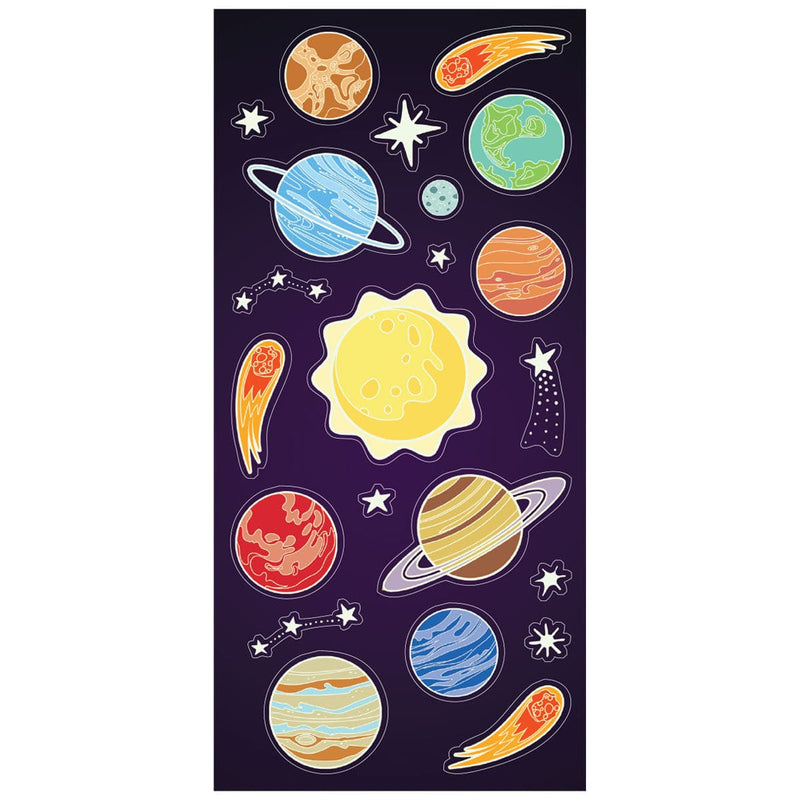 glow in the dark stickers featuring colorful, illustrated planets on a navy background, shown on white background.