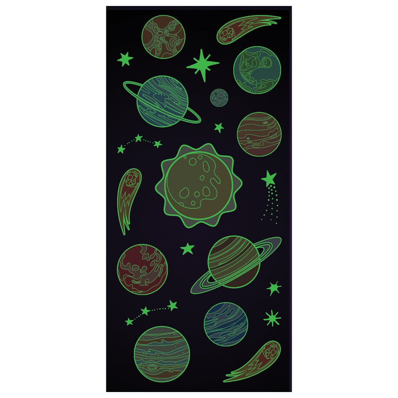 glow in the dark stickers featuring glowing green planet illustrations on a dark background shown on white background.