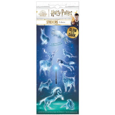 Harry Potter stickers featuring the Patronus Charms shown glowing against a blue background, shown in package on a white background.
