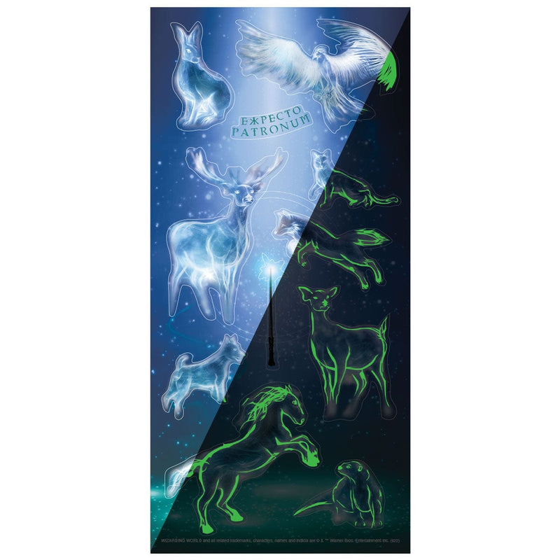Harry Potter stickers featuring the Patronus Charms shown glowing against a blue background on the left side and glowing green on a dark background on the right side, shown on white background.