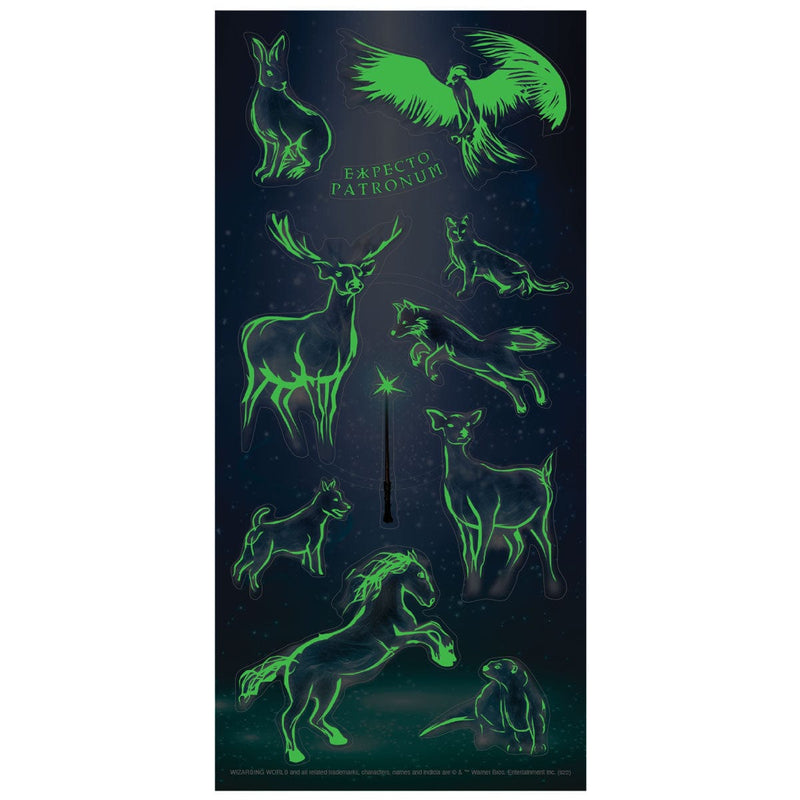 Harry Potter stickers featuring the Patronus Charms shown glowing in green on a dark blue background, shown on white background.