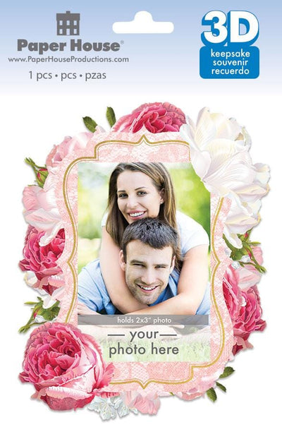 3D scrapbook sticker frame featuring a photo of a couple surrounded by pink and white florals with gold accents shown in package 