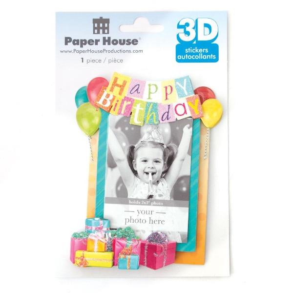 3D scrapbook sticker frame featuring a photo of a birthday girl in a frame with colorful birthday balloons and presents shown in package on white background.