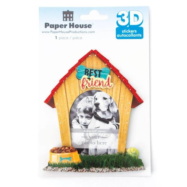 3D sticker frame featuring a photo of a boy and a dog in a frame surrounded by a dog house shown in package on a white background.