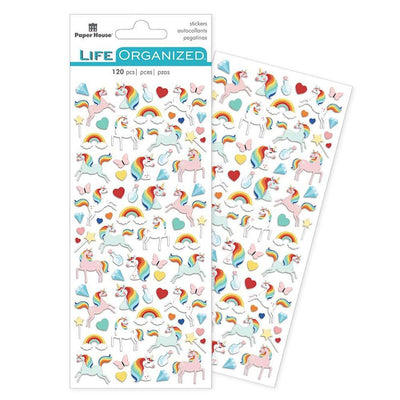 two sheets of mini stickers featuring unicorns and rainbows, one sheet in package and one sheet behind shown on white background.