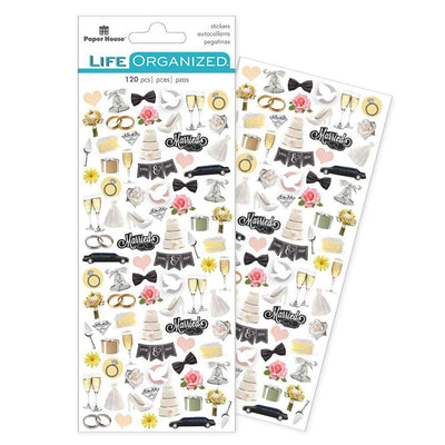 mini stickers featuring wedding cakes, limos, roses, champagne, wedding rings and hearts, shown in package overlapping another sheet, shown on white background.