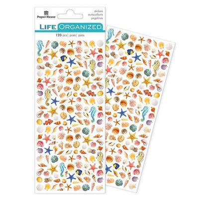 two sheets of mini stickers featuring colorful seashells, one sheet in package and one sheet behind shown on white background.
