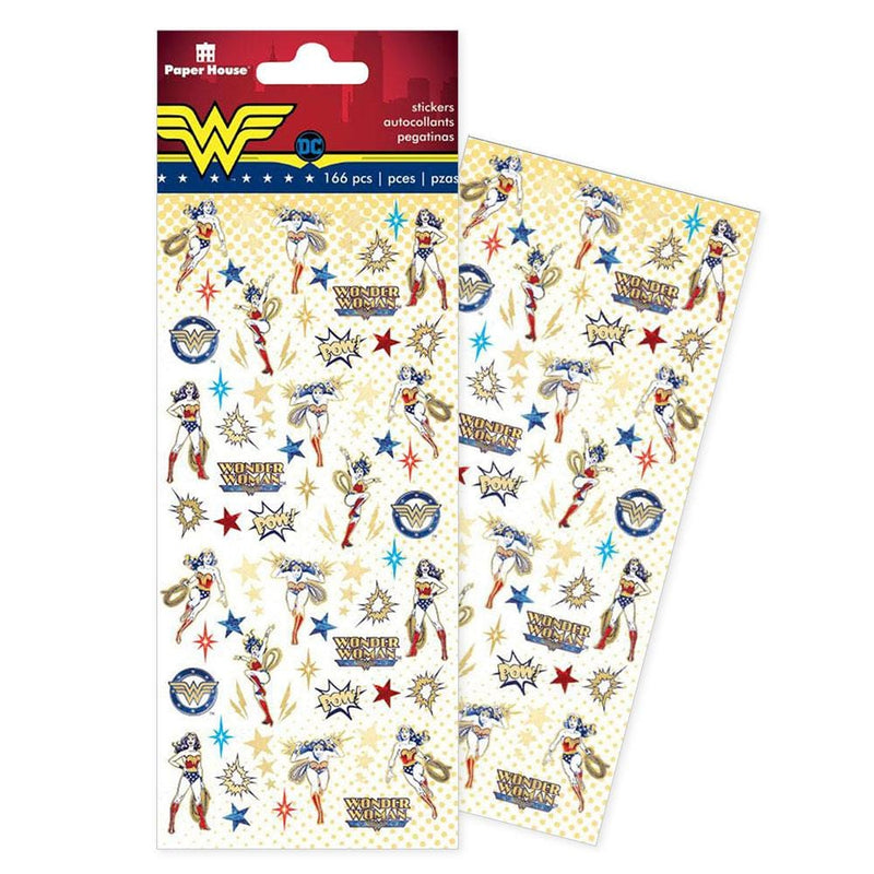 mini stickers featuring Wonder Woman, logos and stars shown in package overlapping another sheet shown on white background.