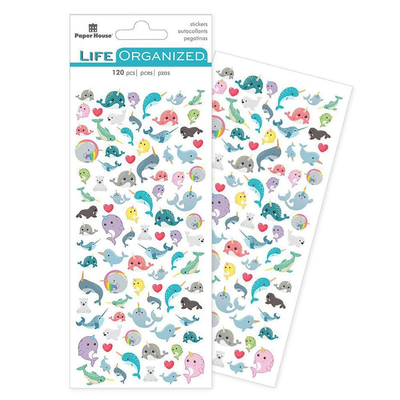 two sheets of mini stickers featuring pastel colored narwhals, one sheet in package and one sheet behind shown on white background.
