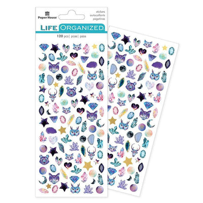 two sheets of mini stickers featuring gold stars and gem-like owls and foxes, one sheet in package and one sheet behind shown on white background.