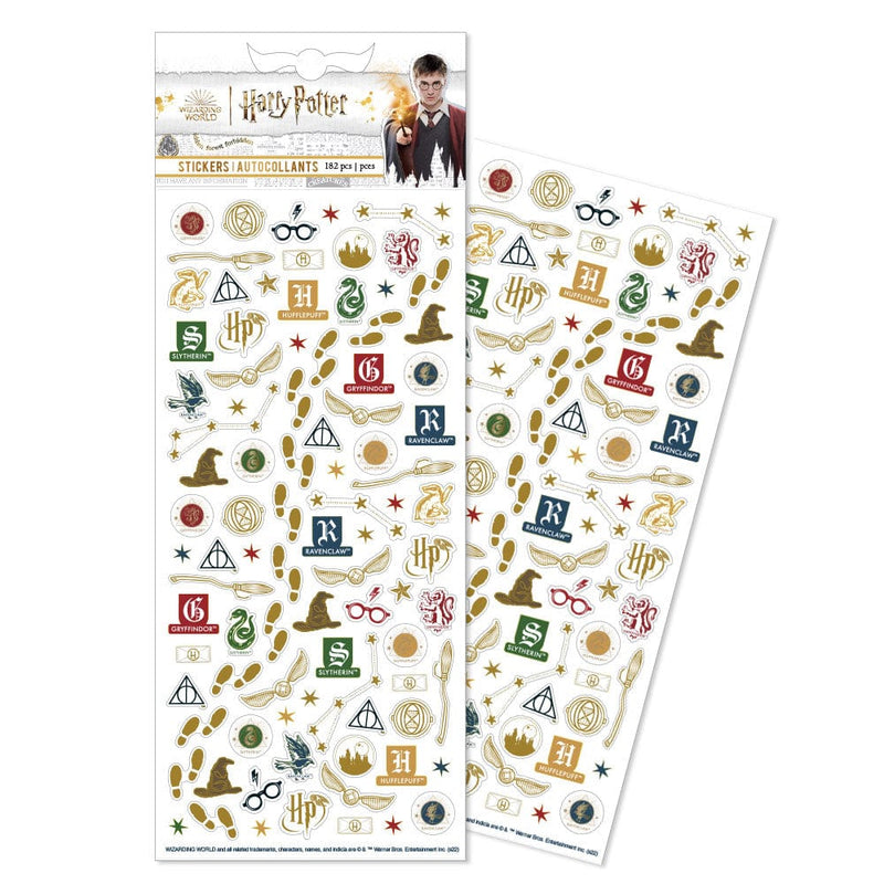 Harry Potter stickers featuring symbols, house crests and meandering footsteps with gold details shown in package overlapping another sheet on a white background.