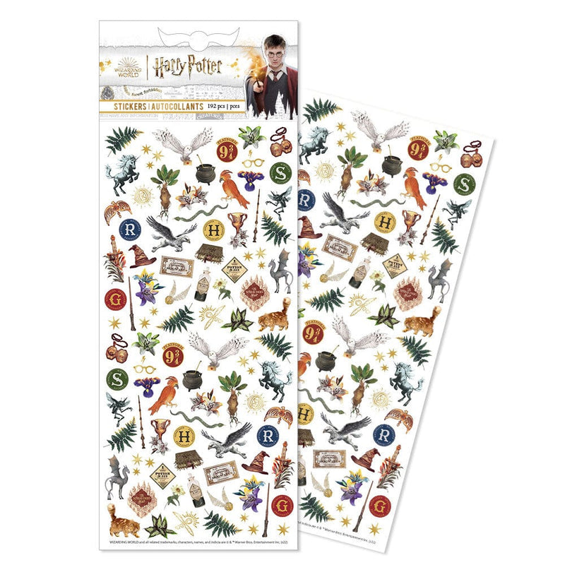 Harry Potter mini stickers featuring illustrations of sorting hats, owls, magical creatures and stars, shown in package overlapping another sheet of stickers on white background.
