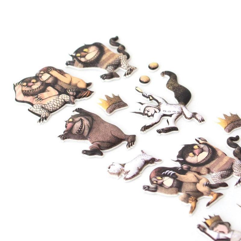 close up of puffy stickers featuring characters from Where the Wild Things Are, shown angled on a white surface.