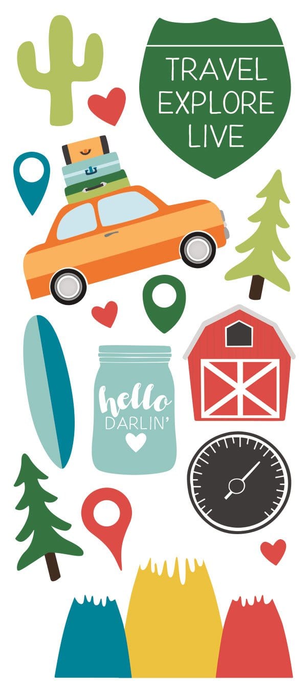 puffy stickers featuring illustrated car with luggage, cactus, barn and compass, on white background.