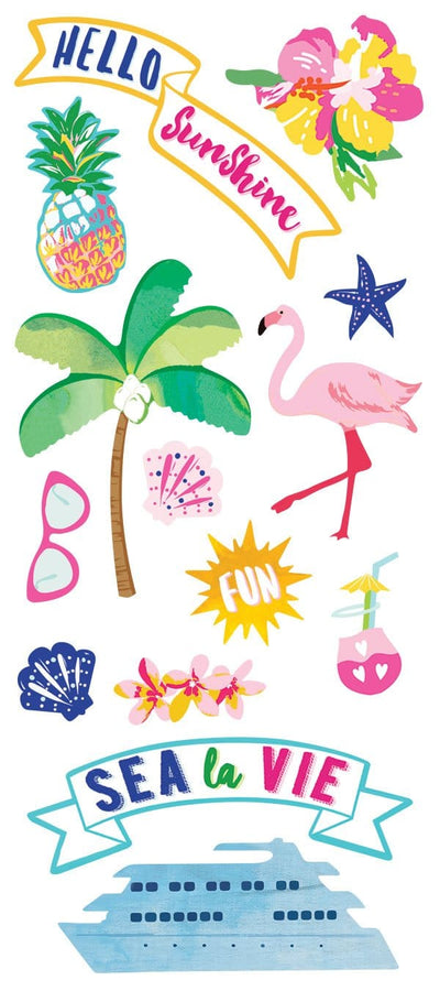 puffy stickers featuring illustrated flamingo, cruise ship, sunglasses and florals, on white background.