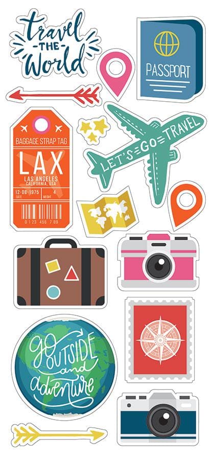 puffy stickers featuring colorful illustrated planes, passports, cameras and luggage.