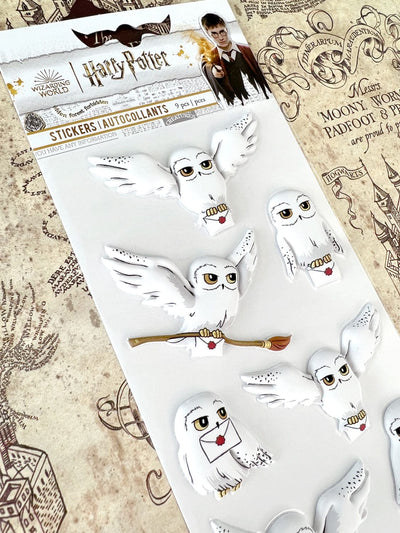 close up of Harry Potter stickers featuring multiple Hedwigs shown in packaging on Marauder's Map pattern.