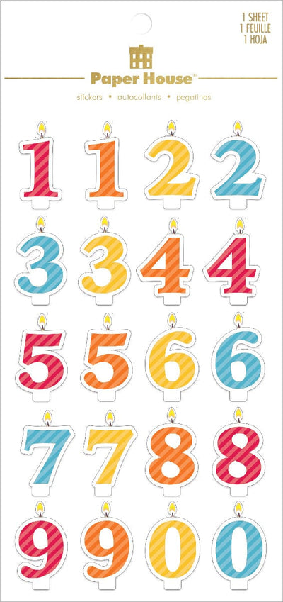 An assortment of 3D puffy stickers featuring colorful number candles shown in packaging.