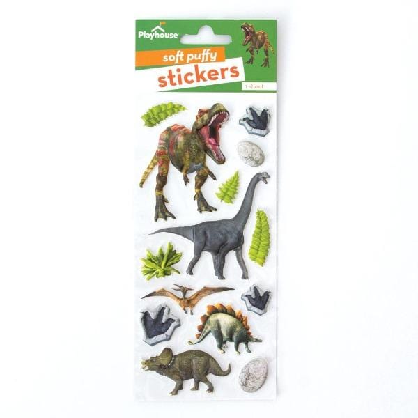 puffy stickers featuring illustrated dinosaurs shown in package on white background.